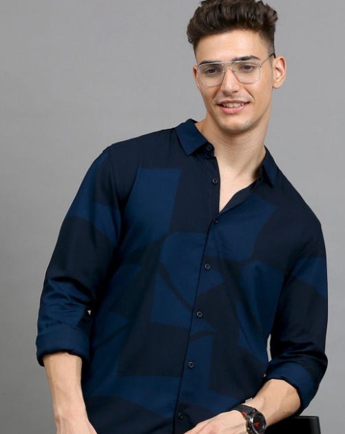 Men's Navy Blue Printed Casual Shirt